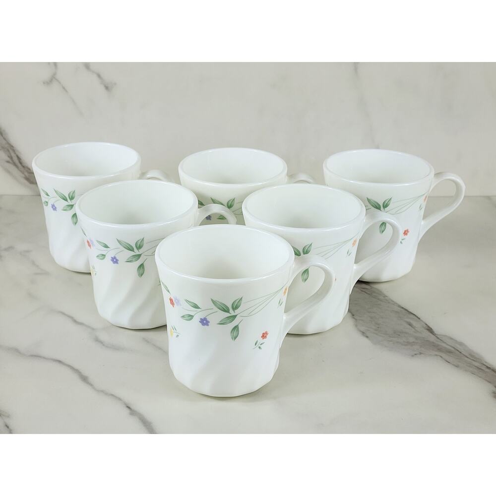 Corelle English Meadow Coffee Mug Teacup 8oz Corning Glass 80s Swirl Pattern x6